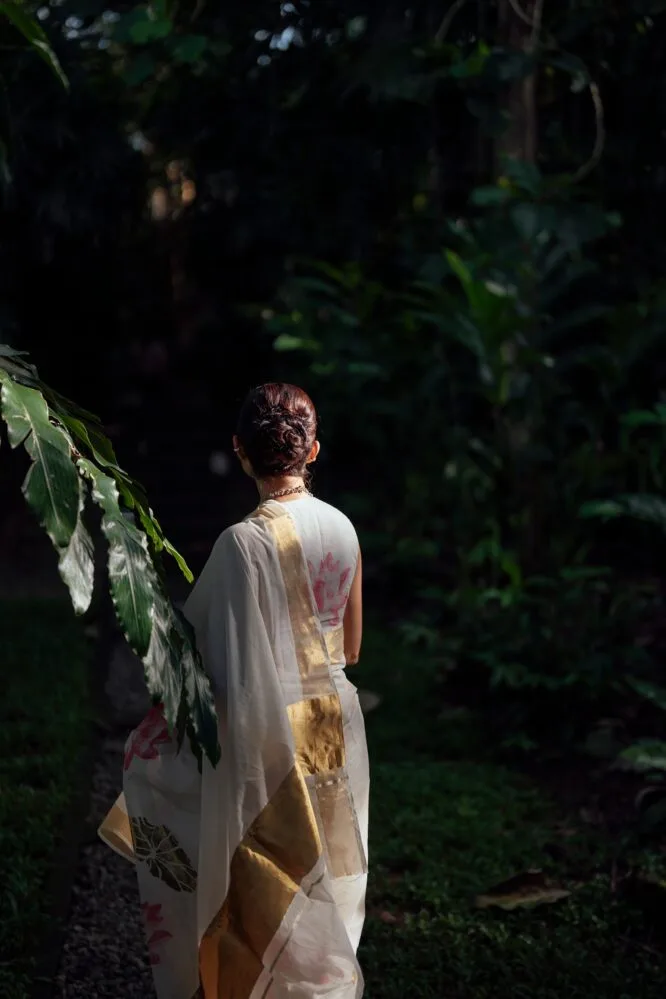 Lotus with Gold Foil Leaves Saree - Image 3