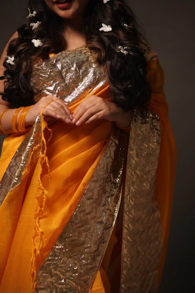 Turmeric Handloom Silk Cotton with Handwoven Gota Borders - Image 4