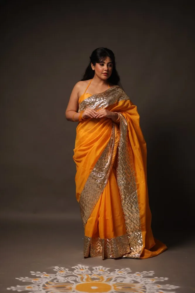 Turmeric Handloom Silk Cotton with Handwoven Gota Borders - Image 6