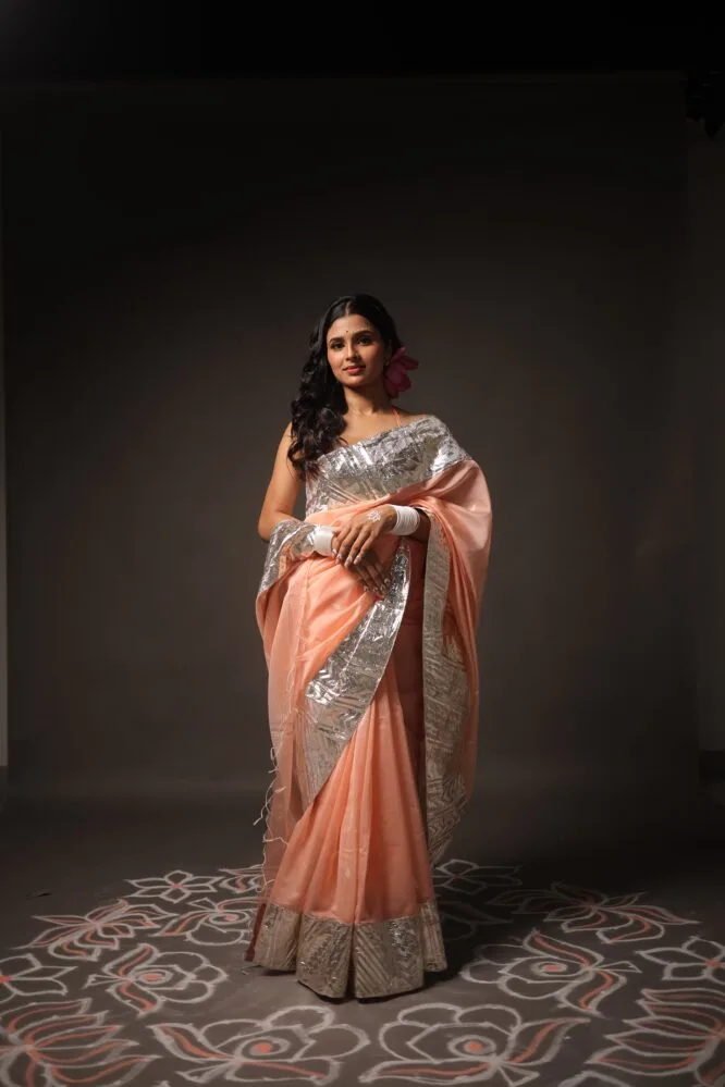 Pink Handloom Silk Cotton with Handwoven Silver Gota Borders - Image 6
