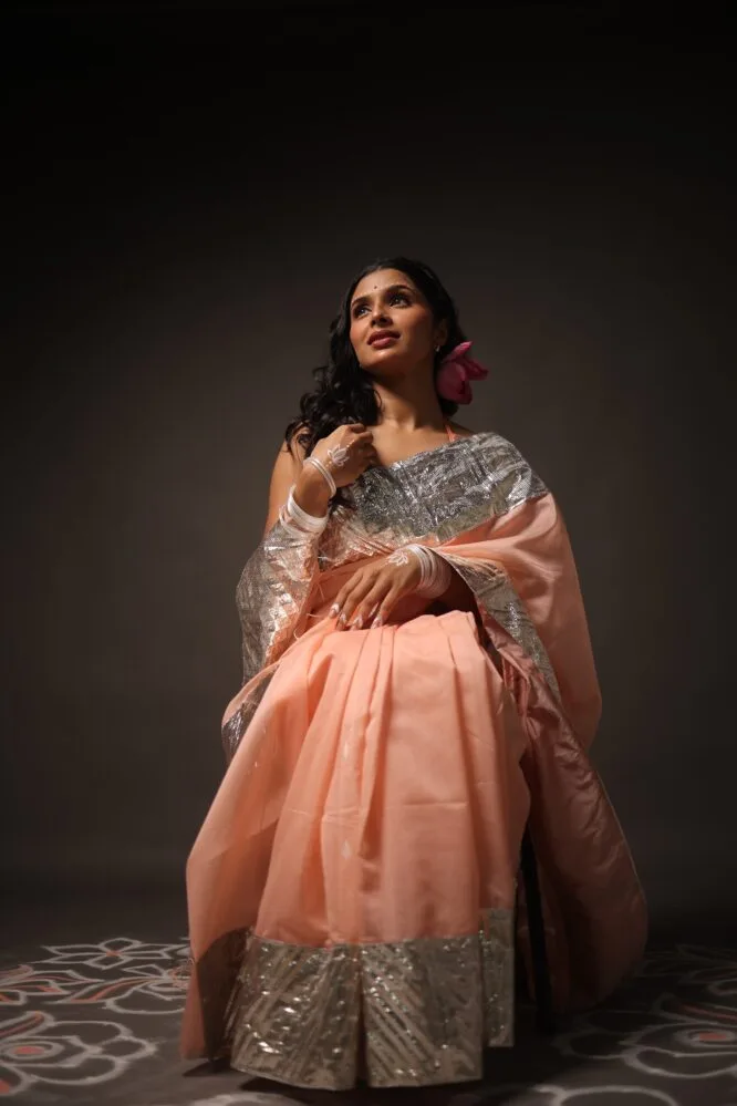 Pink Handloom Silk Cotton with Handwoven Silver Gota Borders - Image 2