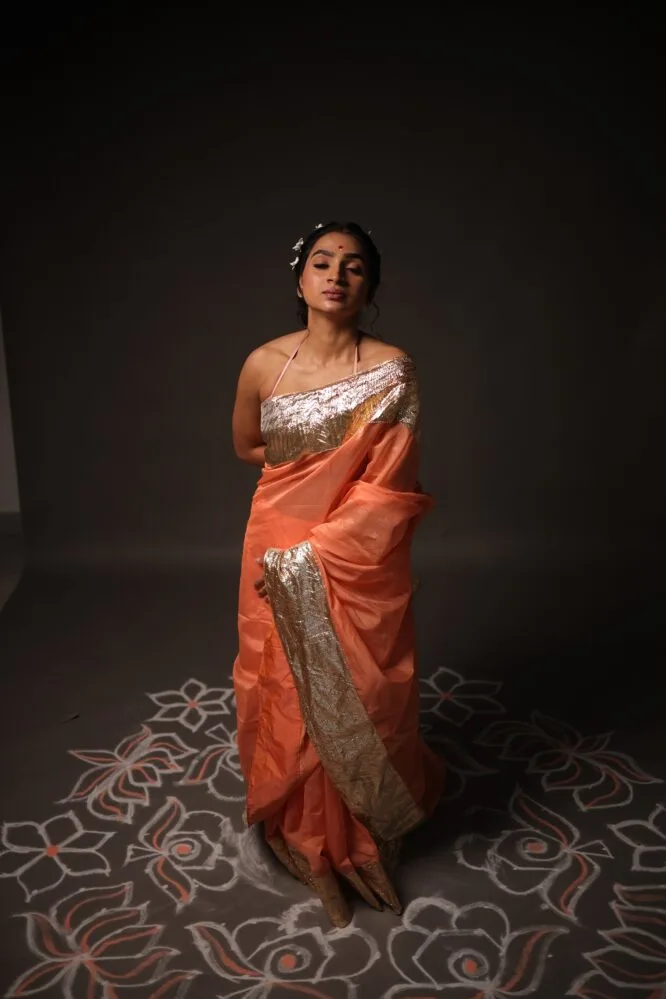 Peach Pink Handloom Silk Cotton with Handwoven Gota Borders - Image 5