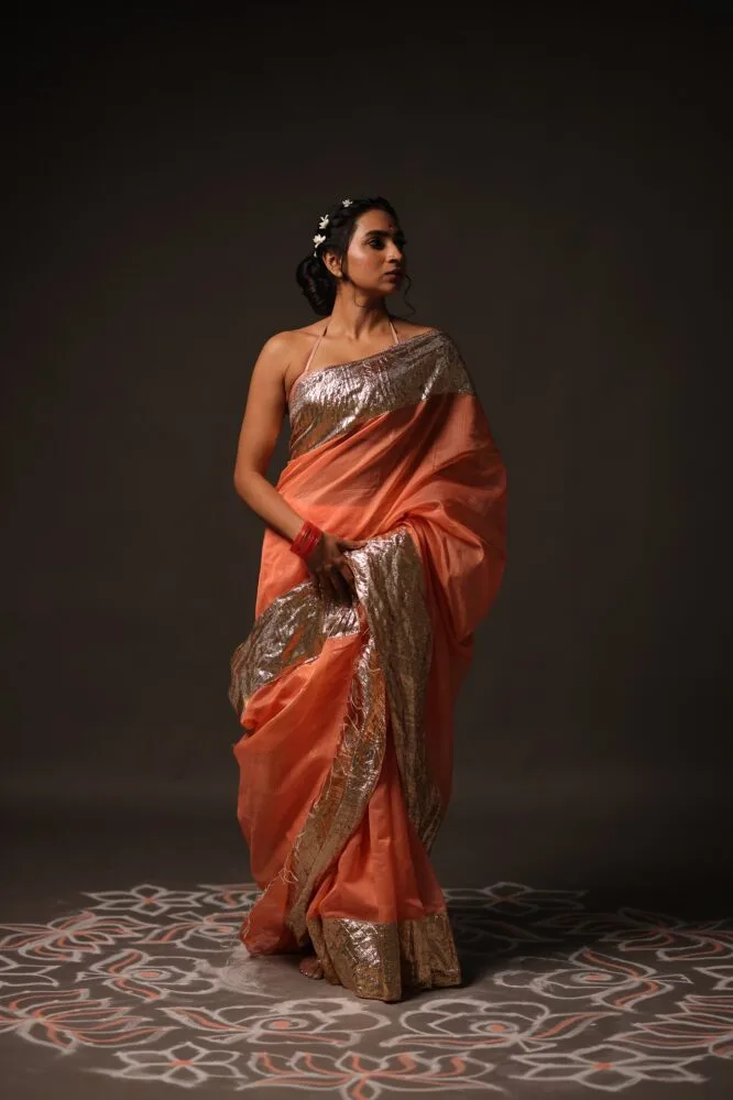 Peach Pink Handloom Silk Cotton with Handwoven Gota Borders - Image 4