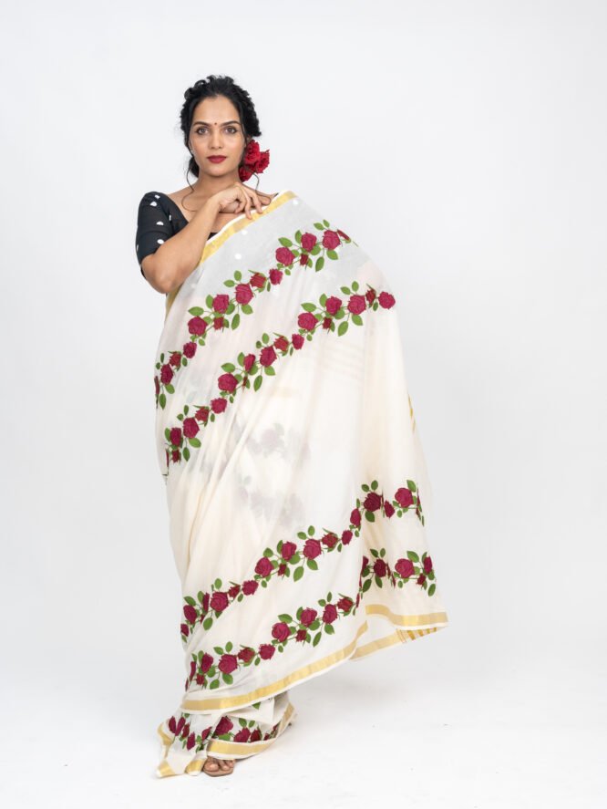 Red Roja Embroidery Saree - Image 7