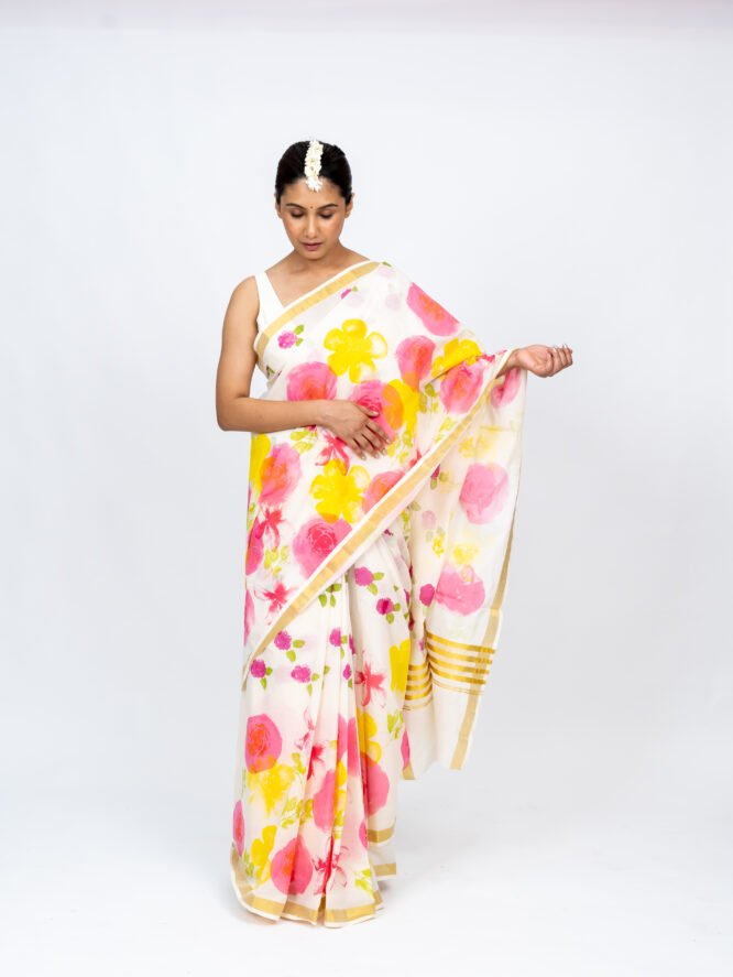 Bubble Gum Pink Yellow Floral Saree - Image 9