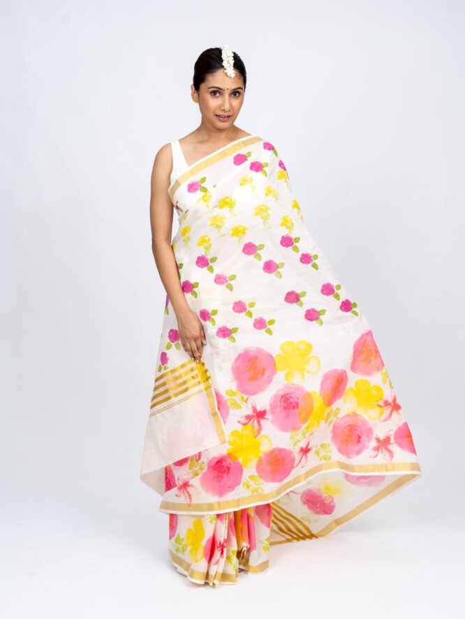 Bubble Gum Pink Yellow Floral Saree - Image 4