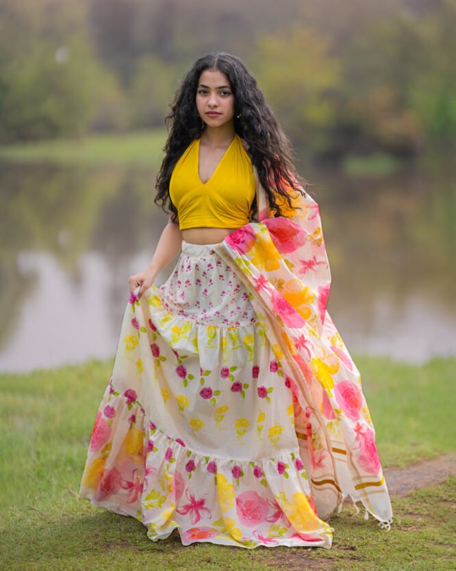 Bubble Gum Pink Yellow Floral Dhavani - Image 9