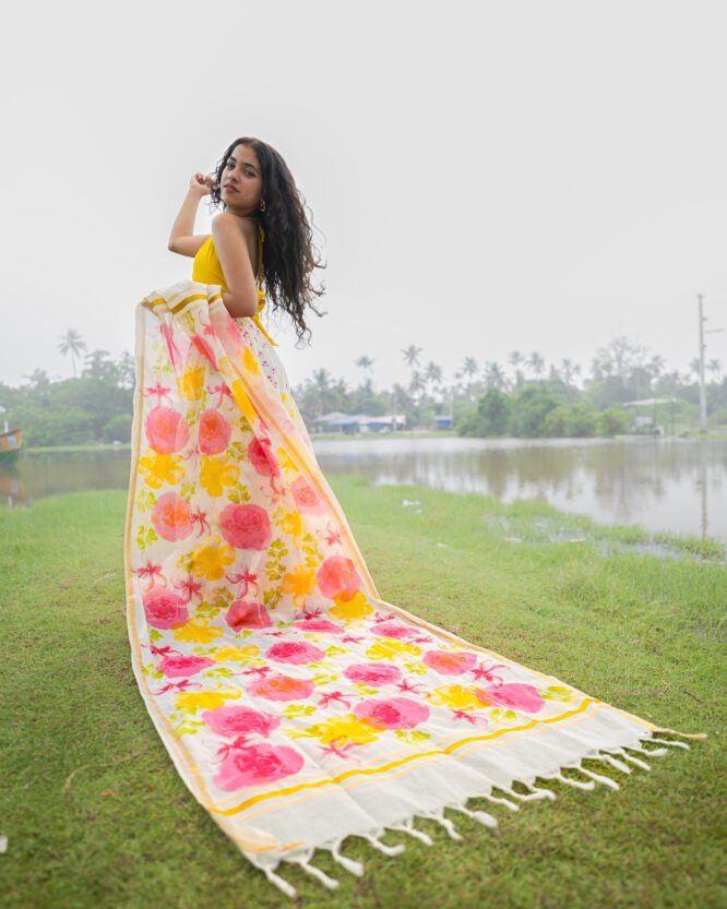 Bubble Gum Pink Yellow Floral Dhavani - Image 5