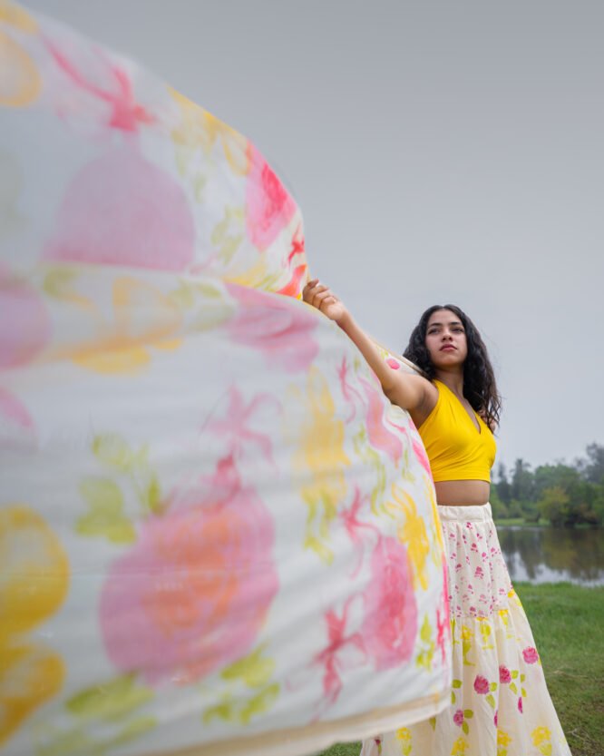 Bubble Gum Pink Yellow Floral Dhavani - Image 3