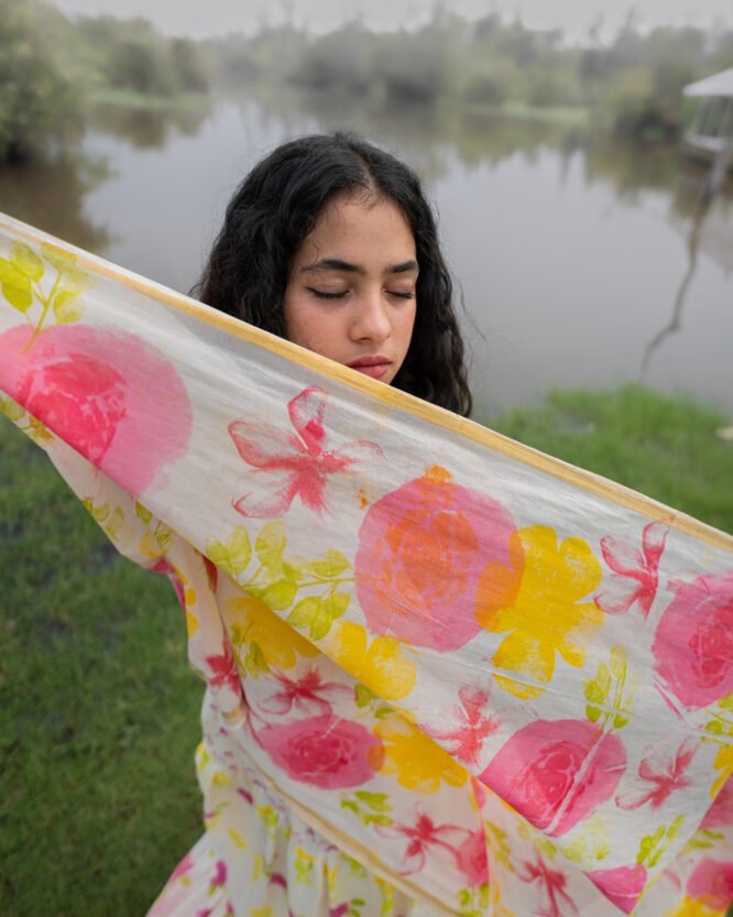 Bubble Gum Pink Yellow Floral Dhavani - Image 2